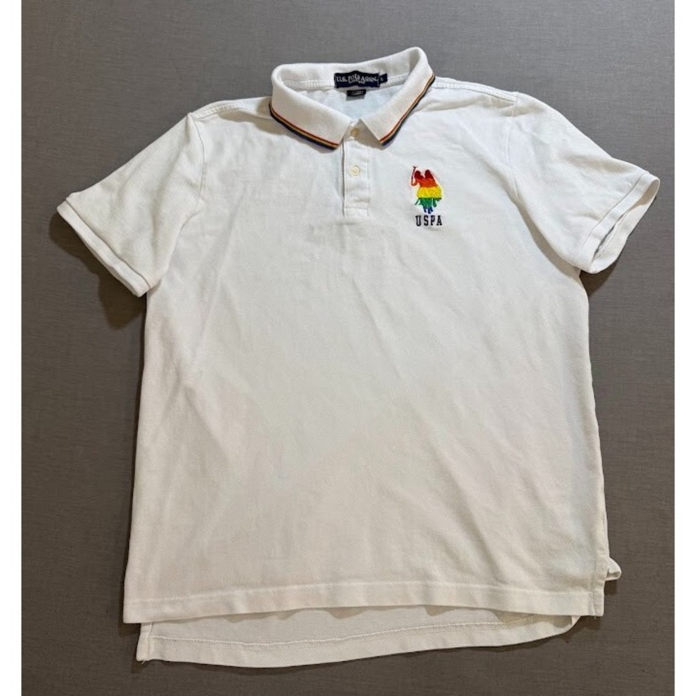 U.S. Polo ASSN. Polo Rainbow Pride Logo Shirt Adult L White Short Sleeve Button.
